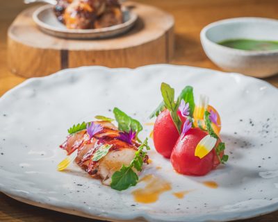 BBQ Cornish Lobster tail and skewer with rosehip glaze and fermented Green Tomato Sauce