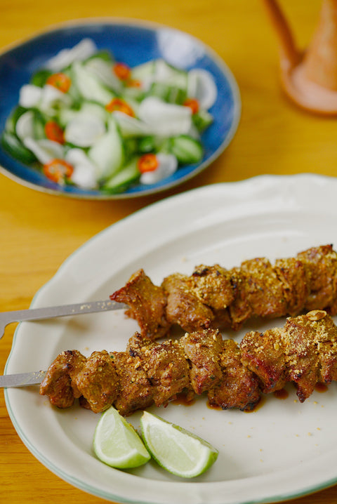 Coconut & Lemongrass Beef Skewers with Mooli & Cucumber Pickle Salad and Roasted Peanut Crumb