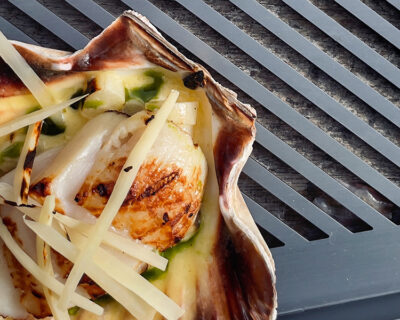 On the Coals Scallop, Salsify, Fermented Celeriac & Charcoal I Kasai Grills