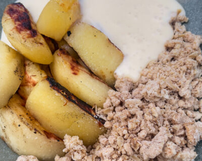 On the Coals Poached Quince, Crumble and Custard I Kasai Grills